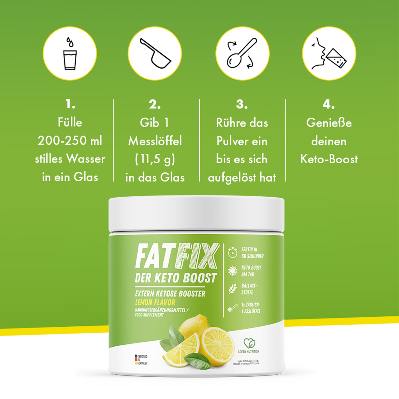 FATFIX Keto Boost Exogene Ketone (345g) - Spritziger Zitronengeschmack - ApoNatura