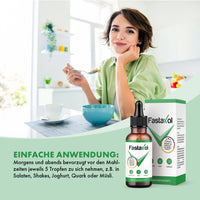 Thumbnail for Frau beim Essen; daneben Fastaxol Tropfflasche und Verpackung mit Einnahmehinweis morgens und abends