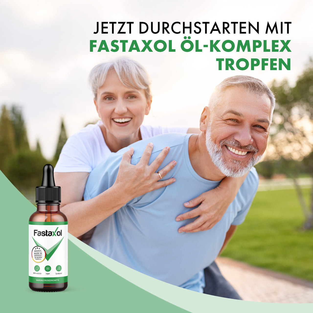 Fastaxol Öl-Komplex Tropfen mit Produktflasche und einem lächelnden Paar vor grüner Außenkulisse