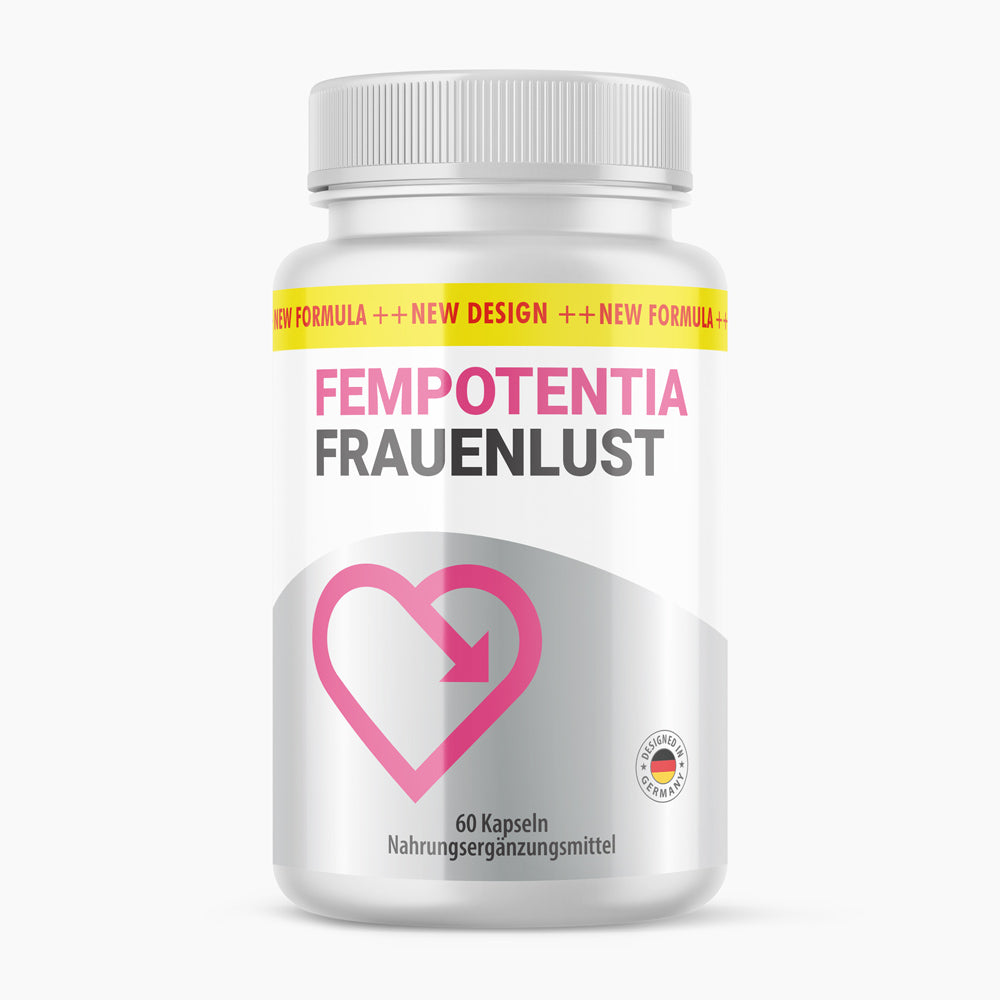 Weiße Dose FemPotentia Frauenlust mit 60 Kapseln, Herzsymbol und rundem Siegel vorne sichtbar