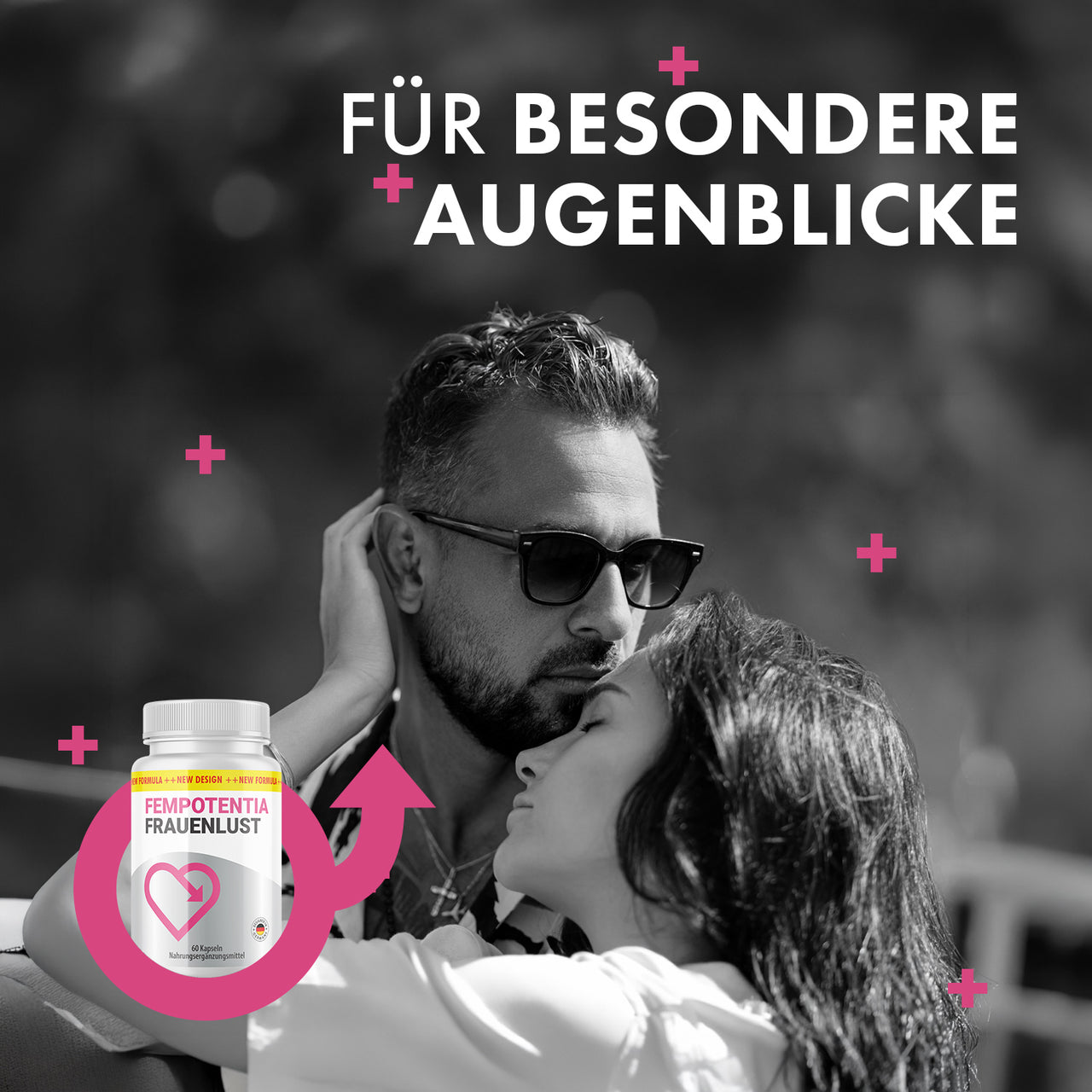 FemPotentia Frauenlust Dose mit 60 Kapseln, pinkem Pfeilkreis und Paar in Schwarz-Weiß sichtbar