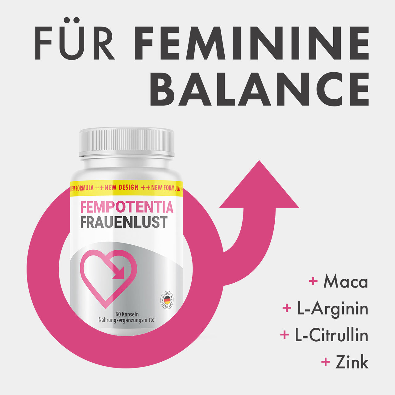 FemPotentia Frauenlust Dose mit 60 Kapseln, großem Text Für feminine Balance und Pfeilsymbol