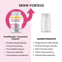 Thumbnail for FemPotentia Frauenlust Dose neben weißer Dose mit Produktvergleich und Bewertungssymbolen unten