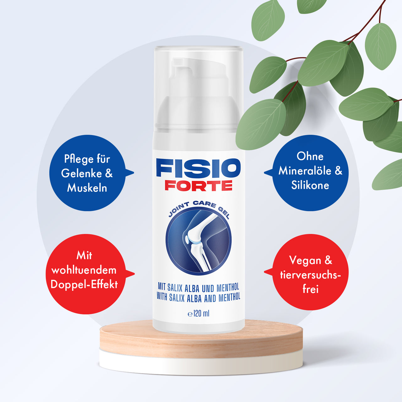 Produktabbildung Fisio Forte Joint Care Gel mit Hinweisen zu Gelenkpflege, vegan und ohne Silikone
