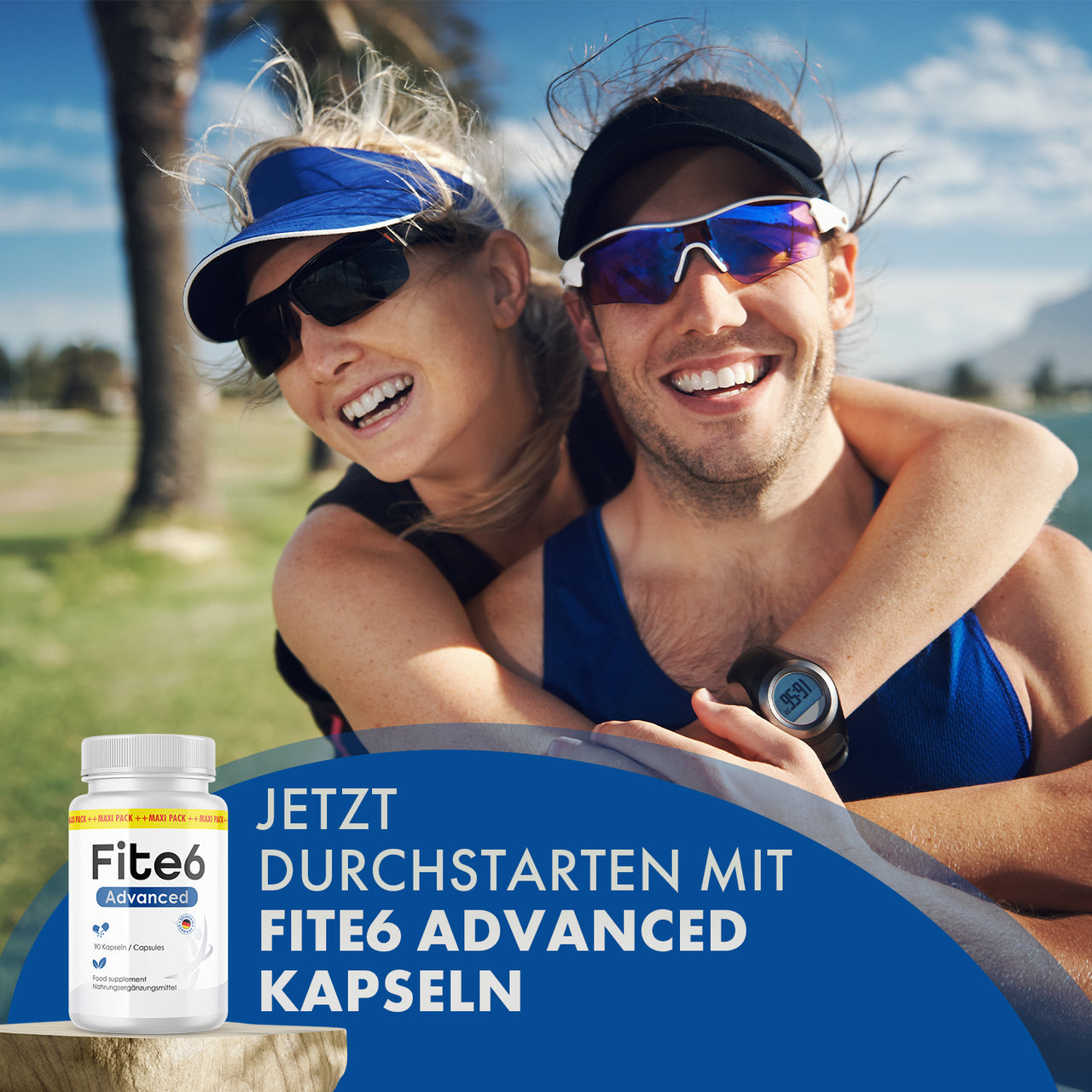 Sportliches Paar im Freien neben Fite6 Advanced Kapseln und dem Werbetext „Jetzt durchstarten“