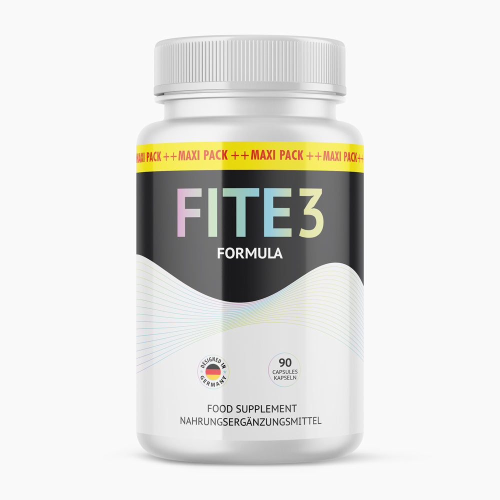 Fite3 Formula Nahrungsergänzungsmittel mit 90 Kapseln in weißer Dose mit schwarzem Etikett