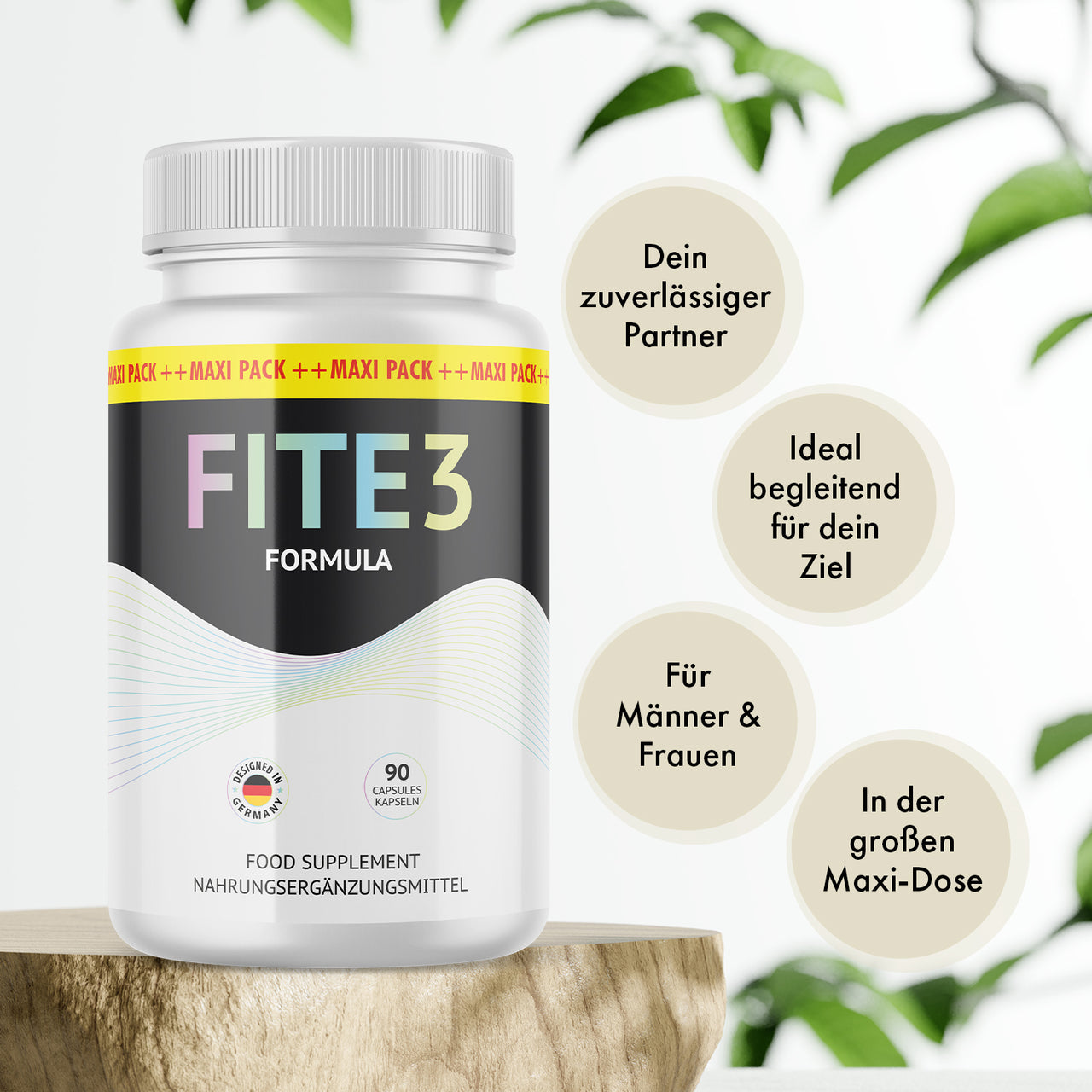 Fite3 Formula mit 90 Kapseln neben vier Werbekreisen zu Zielbegleitung, Zielgruppe und Maxi-Dose