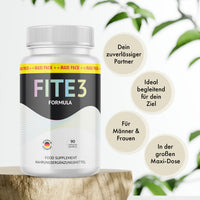 Thumbnail for Fite3 Formula mit 90 Kapseln neben vier Werbekreisen zu Zielbegleitung, Zielgruppe und Maxi-Dose