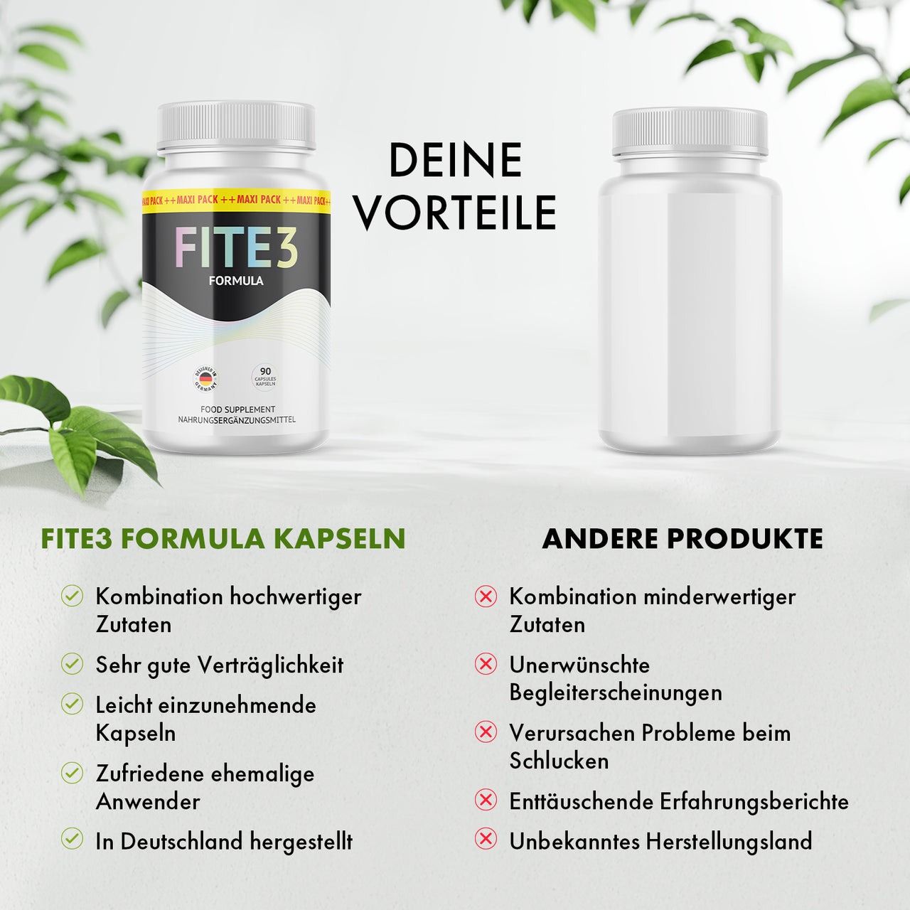 Werbegrafik zu Fite3 Formula: Fünf beworbene Vorteile und fünf angebliche Nachteile anderer Produkte