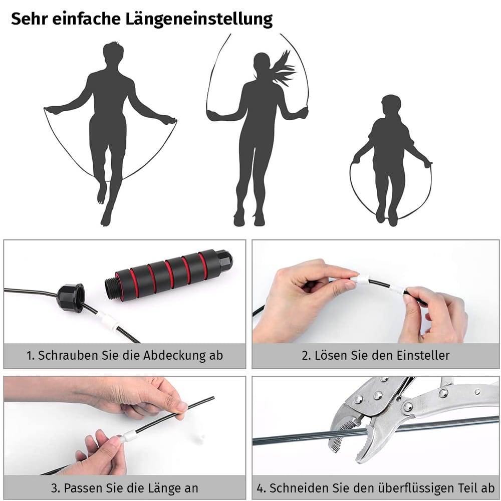 Anleitung zur Längeneinstellung eines Springseils in 4 Schritten mit Bildern und Textbeschreibungen