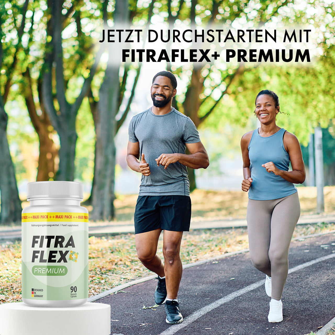 Fitraflex+ Premium Dose vor zwei joggenden Personen mit Text Jetzt durchstarten sichtbar im Park