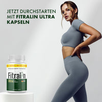 Thumbnail for Fitralin Ultra Nahrungsergänzung mit Frau in Sportoutfit vor hellem Hintergrund