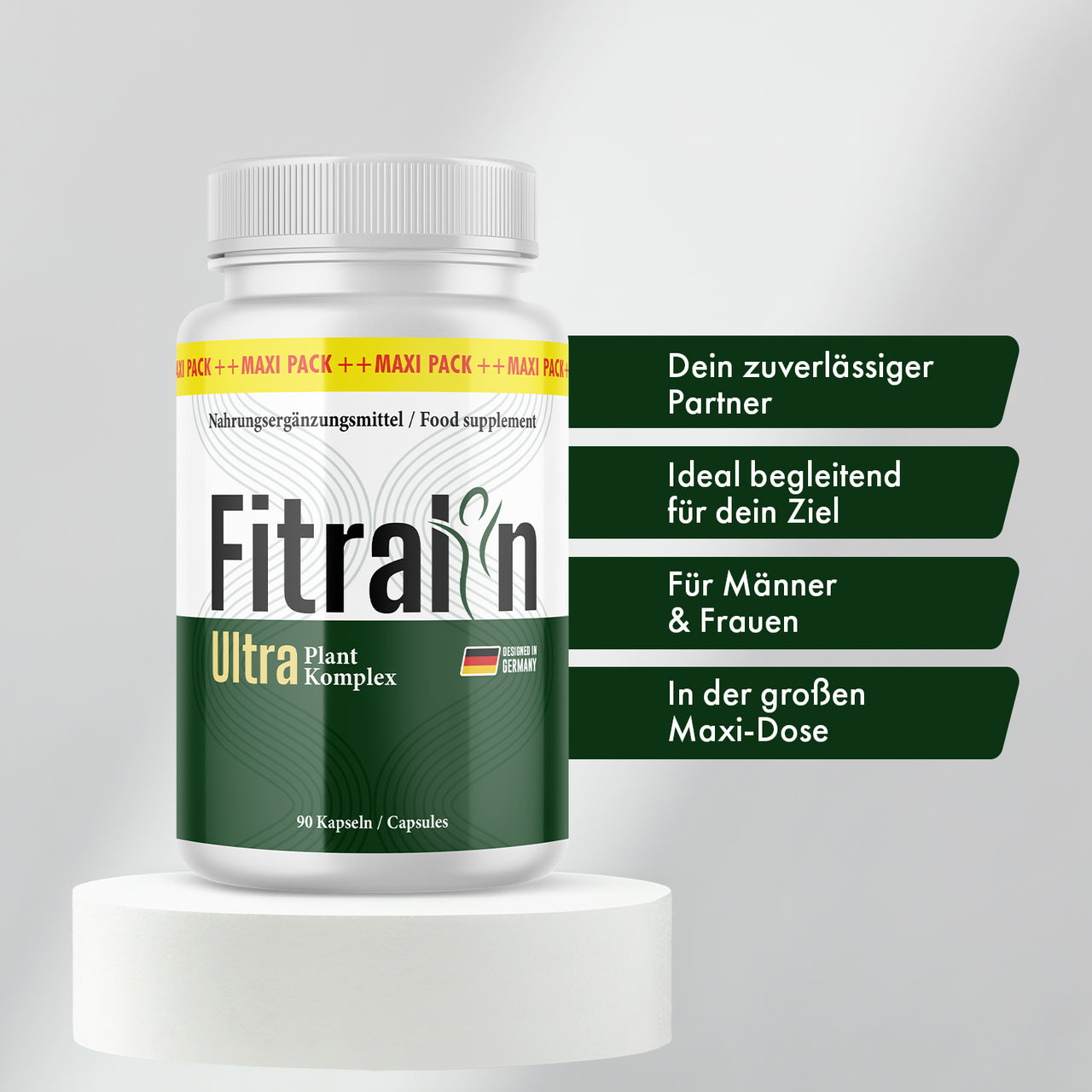 Fitralin Ultra Plant Komplex 90 Kapseln in weißer Maxi-Dose mit Produktvorteilen rechts