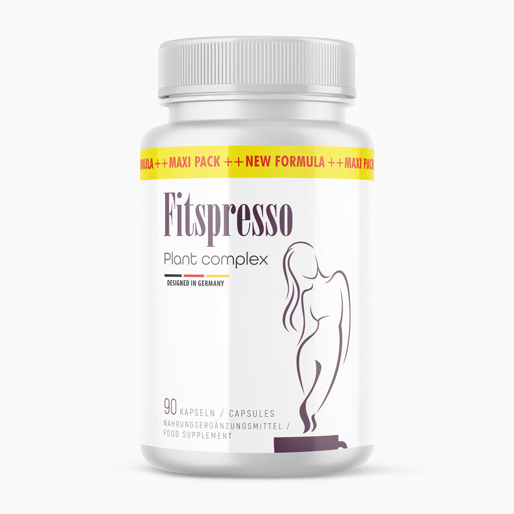 Weiße Kunststoffdose mit violettem Schriftzug Fitspresso und stilisierter Frauenfigur, 90 Kapseln