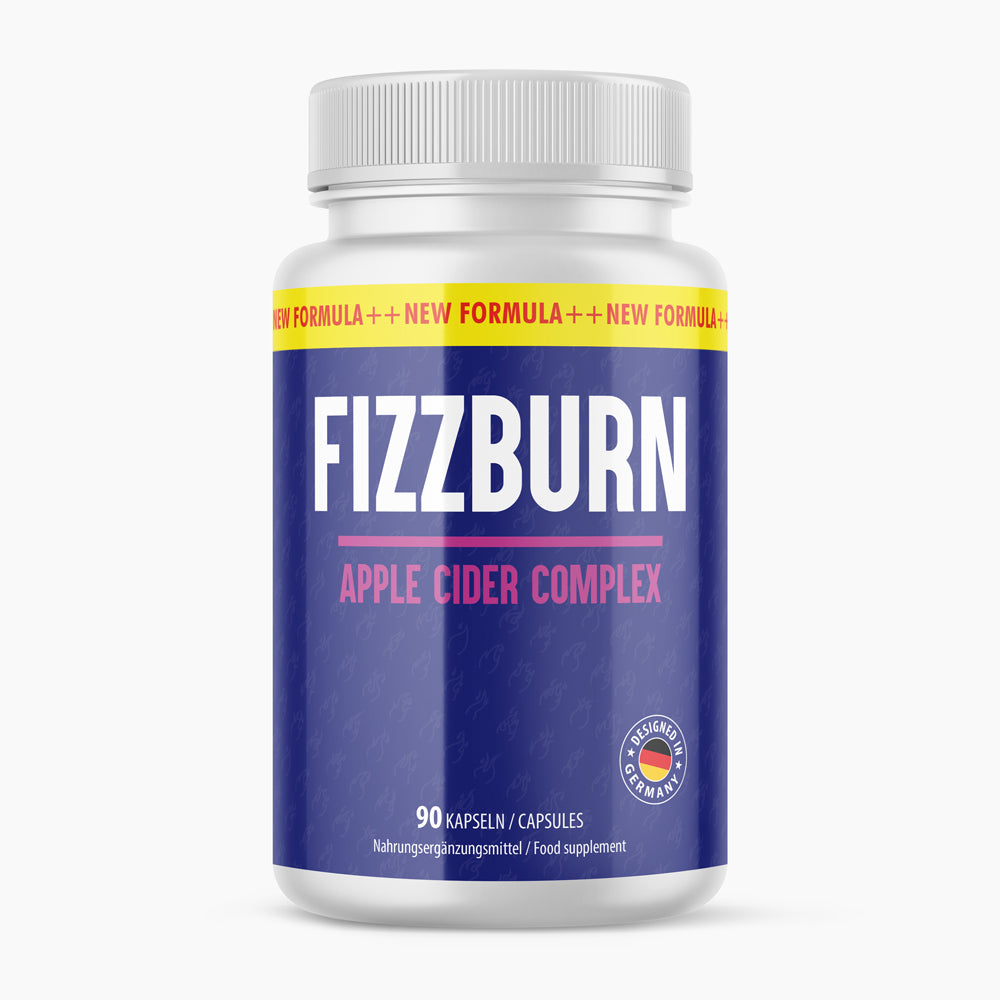 Weiße Kunststoffdose mit blauem Etikett, Aufdruck FIZZBURN Apple Cider Complex, 90 Kapseln