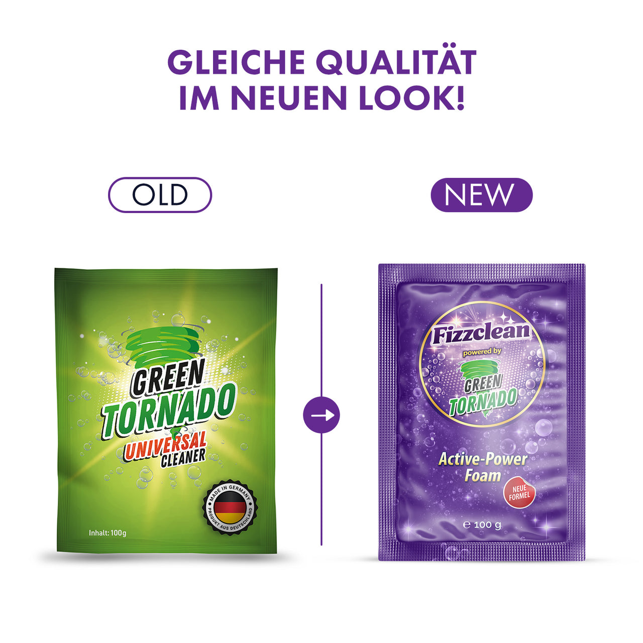 Fizzclean Green Tornado Grafik mit Old- und New-Sachet, Pfeil und Hinweis auf neues Design