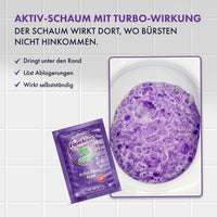Thumbnail for Fizzclean Active-Power Foam Sachet neben WC mit violettem Schaum und sichtbaren Infopunkten