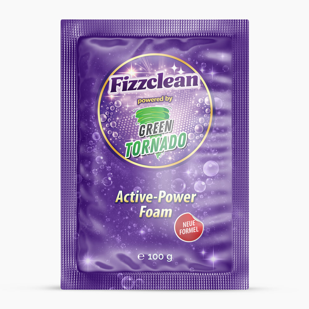 Fizzclean Active-Power Foam Sachet in Violett mit Green Tornado Logo und 100 g Inhalt