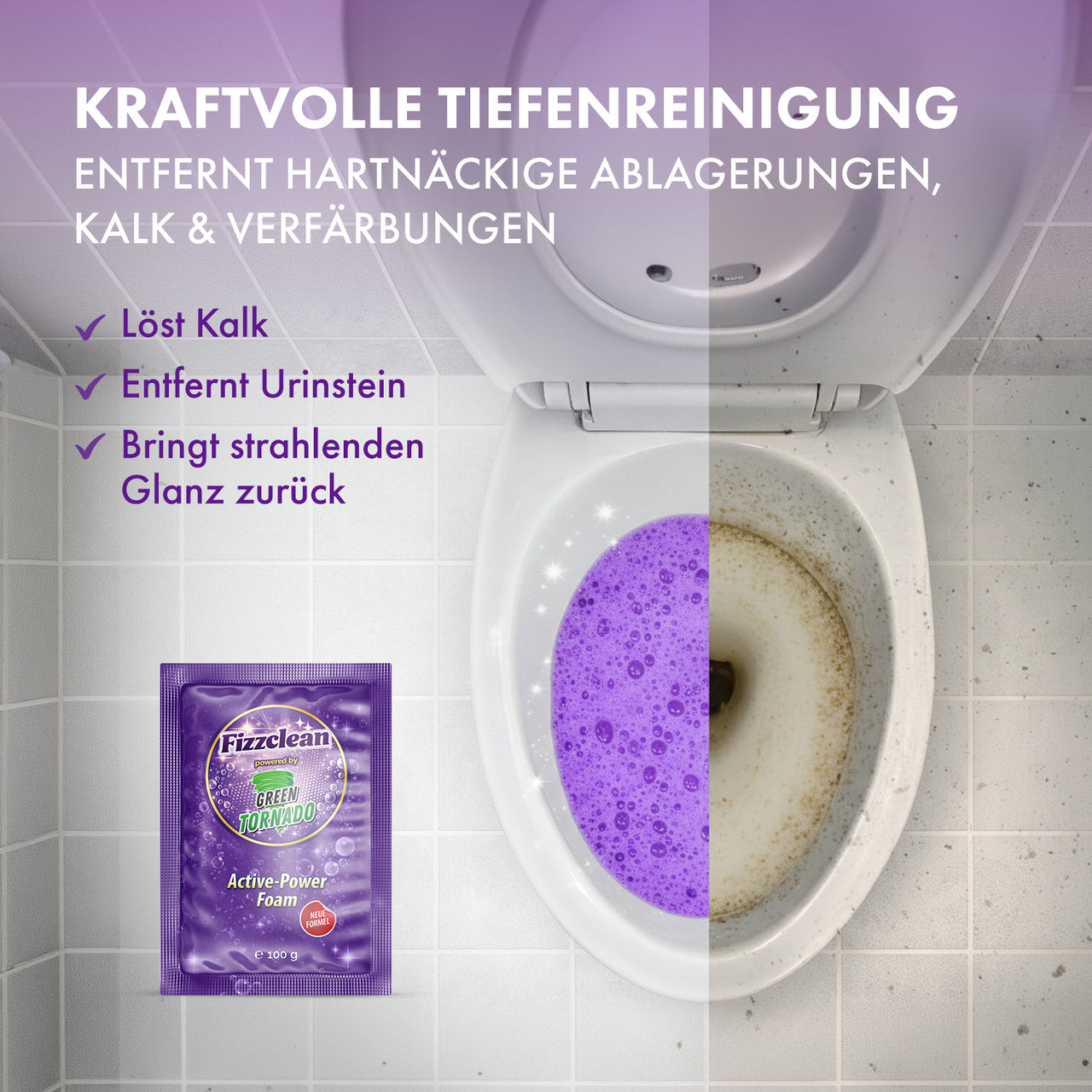 Fizzclean Green Tornado Sachet neben Toilette mit violettem Schaum gegen Kalk und Urinstein