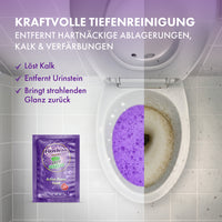 Thumbnail for Fizzclean Green Tornado Sachet neben Toilette mit violettem Schaum gegen Kalk und Urinstein
