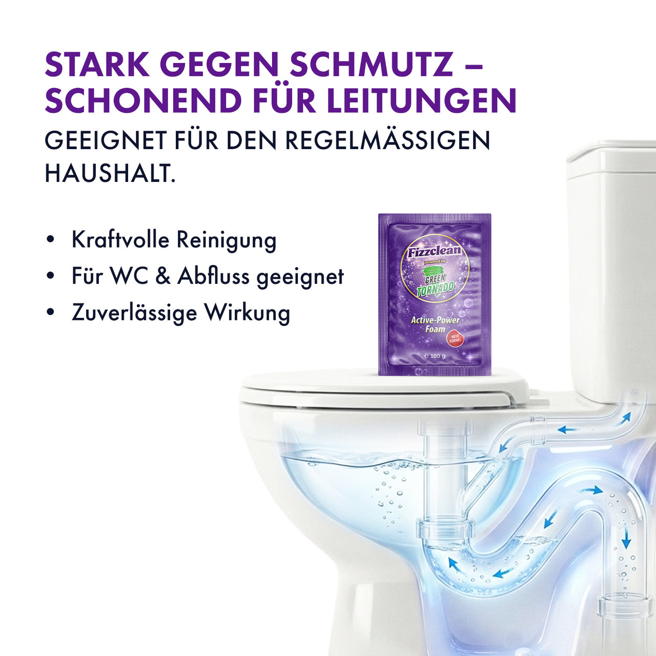 WC-Grafik mit Fizzclean Active-Power Foam Sachet, Rohrdarstellung und sichtbaren Merkmalen
