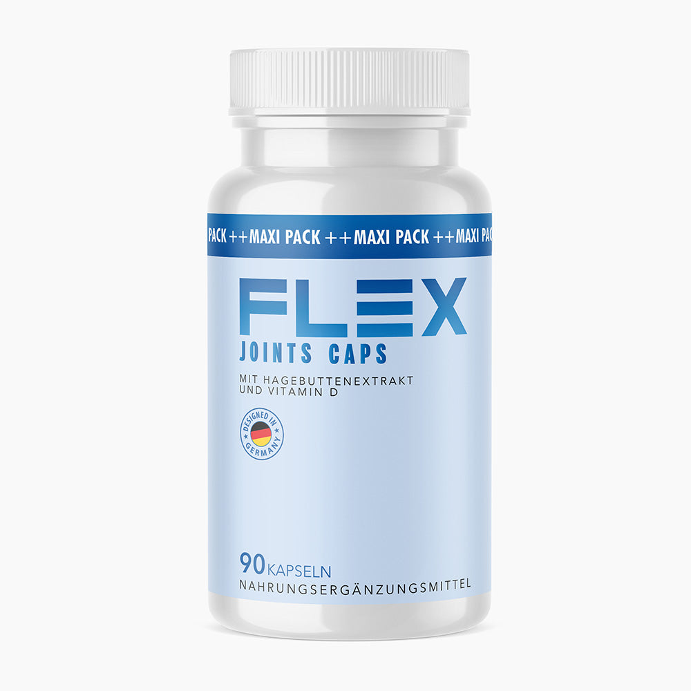 Dose mit blauem Etikett und Schrift Flex Joints Caps mit 90 Kapseln