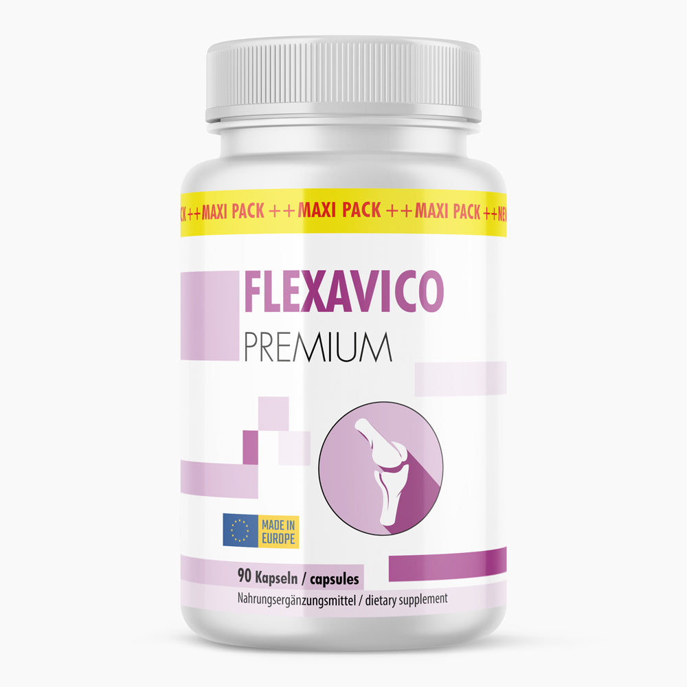 Weiße Kunststoffdose mit Schrift Flexavico Premium mit 90 Kapseln und grafisch dargestelltem Gelenksymbol