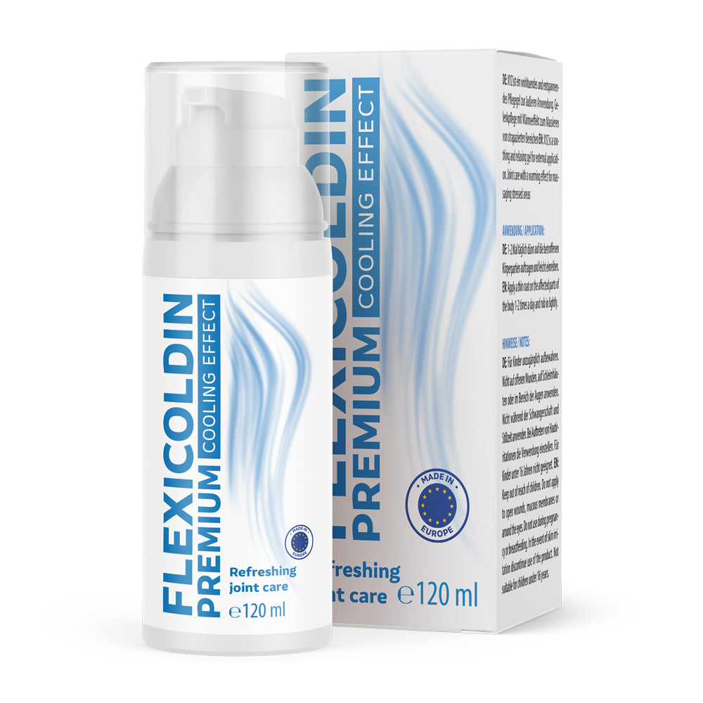 Verpackung und Spenderflasche von Flexicoldin Premium Kühlgel zur erfrischenden Gelenkpflege mit 120 ml