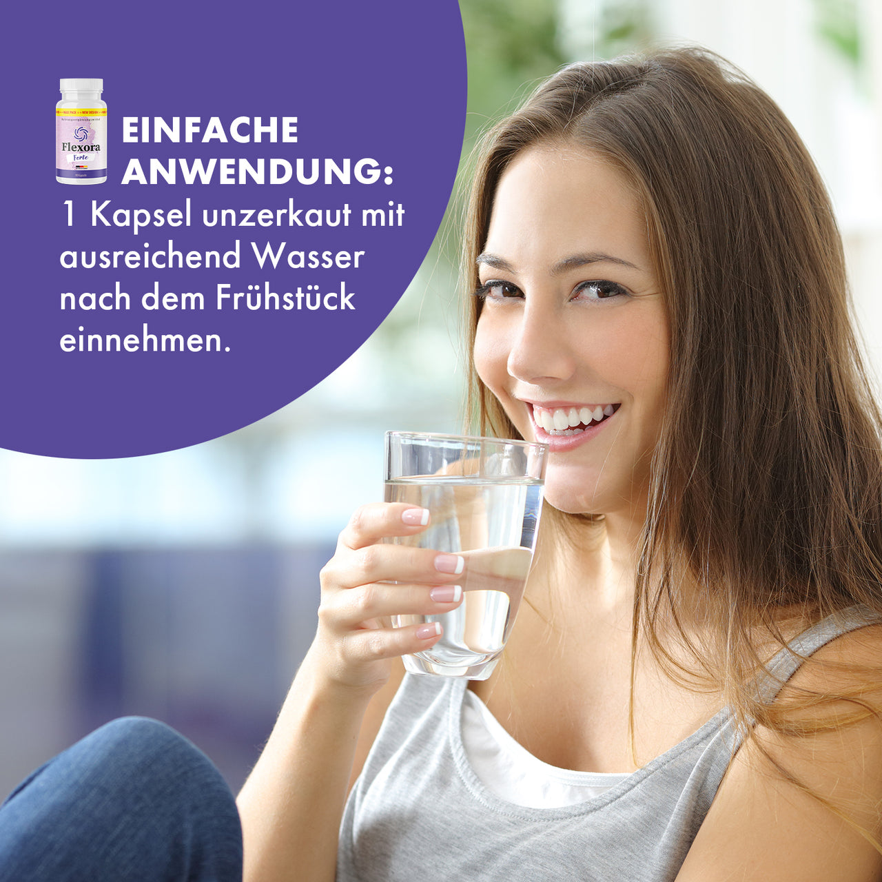 Flexora Forte Anwendungsgrafik mit Frau, Wasserglas und Hinweis 1 Kapsel