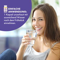Thumbnail for Flexora Forte Anwendungsgrafik mit Frau, Wasserglas und Hinweis 1 Kapsel