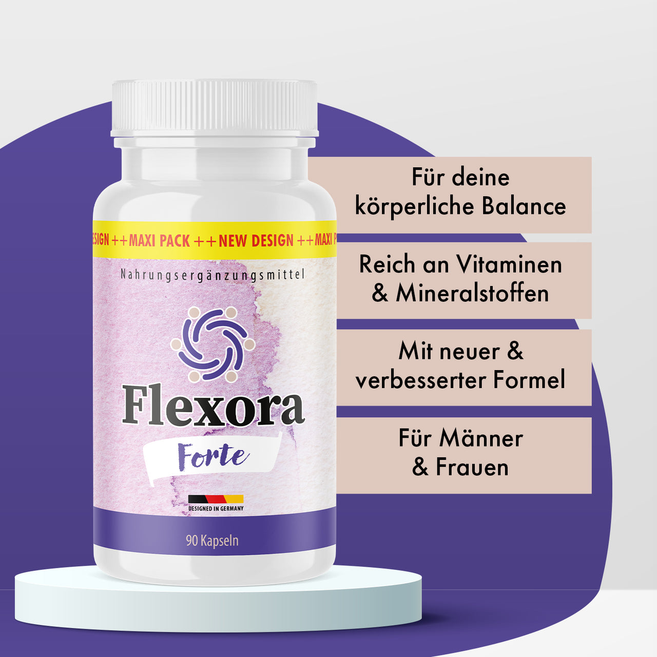 Flexora Forte Dose mit 90 Kapseln auf Podest vor violettem Hintergrund und Textfeldern