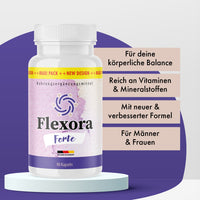 Thumbnail for Flexora Forte Dose mit 90 Kapseln auf Podest vor violettem Hintergrund und Textfeldern