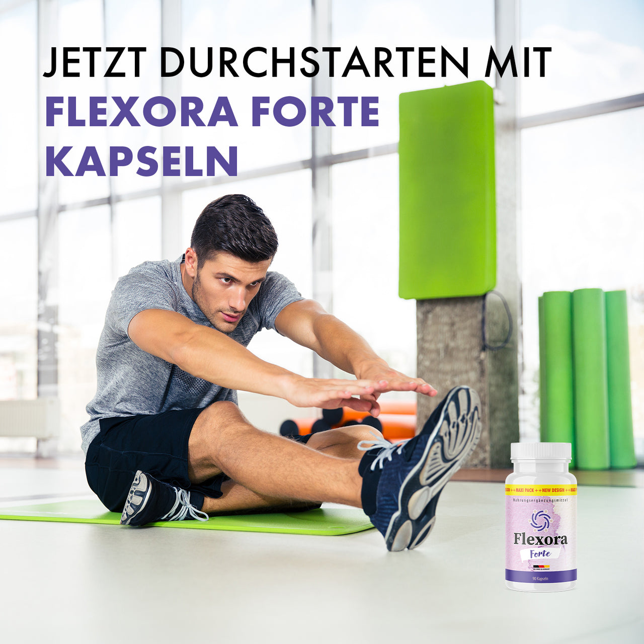 Flexora Forte Kapseln neben trainierendem Mann auf Yogamatte im Fitnessraum