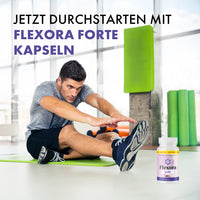Thumbnail for Flexora Forte Kapseln neben trainierendem Mann auf Yogamatte im Fitnessraum