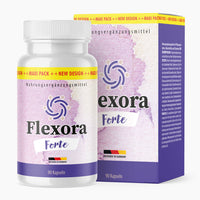 Thumbnail for Flexora Forte Dose mit 90 Kapseln vor passender Faltschachtel mit violettem Design
