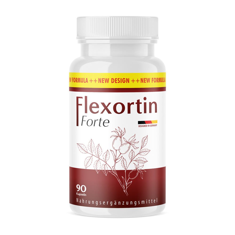 Weiße Kunststoffdose mit rotem Etikett Flexortin Forte und 90 Kapseln
