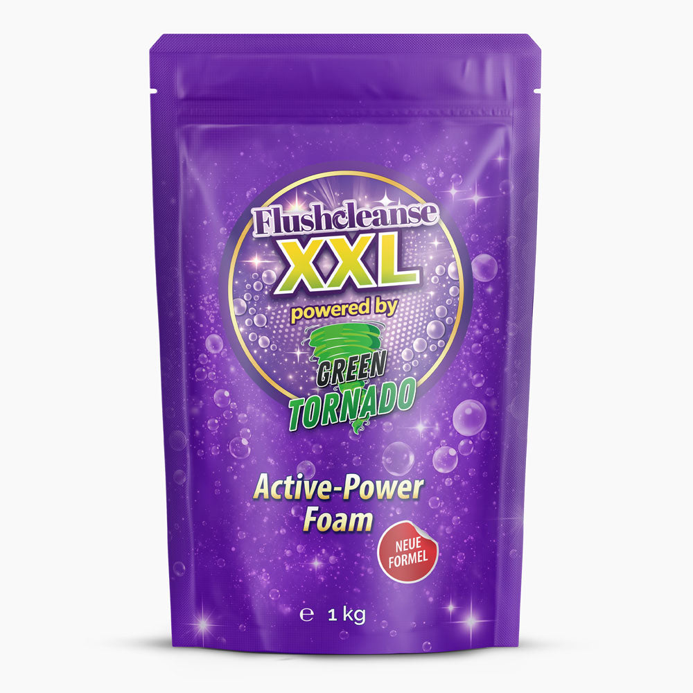 Flushcleanse XXL Active-Power Foam im violetten 1-kg-Beutel mit Blasenmotiv und „Neue Formel“
