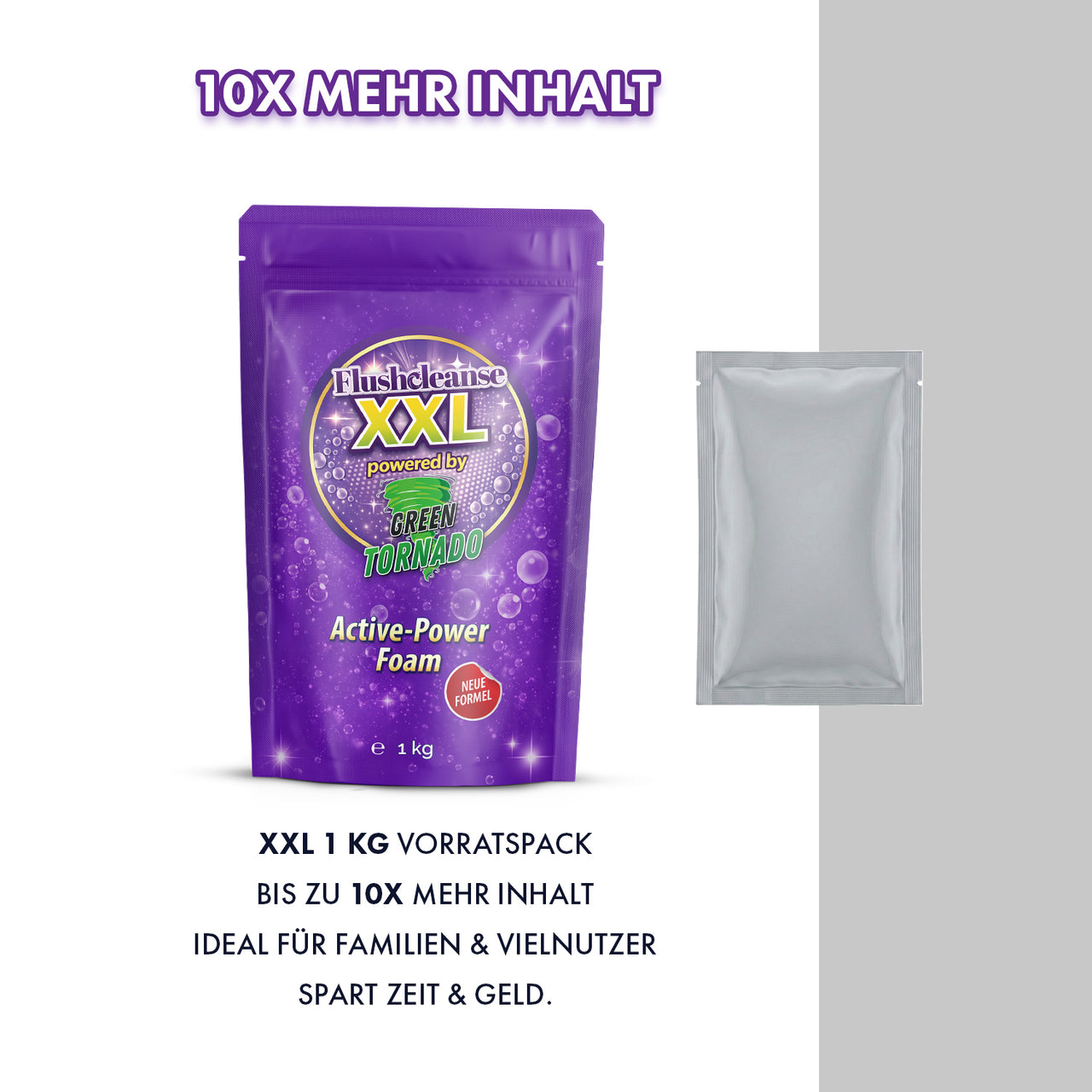 Werbegrafik zu Flushcleanse XXL mit der Aussage „Bis zu 10x mehr Inhalt“ und einem 1-kg-Beutel