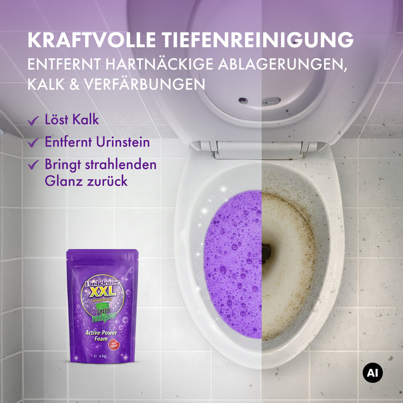 Werbegrafik zu Flushcleanse XXL: „Kraftvolle Tiefenreinigung“ gegen Kalk, Urinstein und Verfärbungen