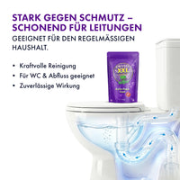 Thumbnail for Werbegrafik zu Flushcleanse XXL: „Stark gegen Schmutz – schonend für Leitungen“ neben WC-Schnittbild
