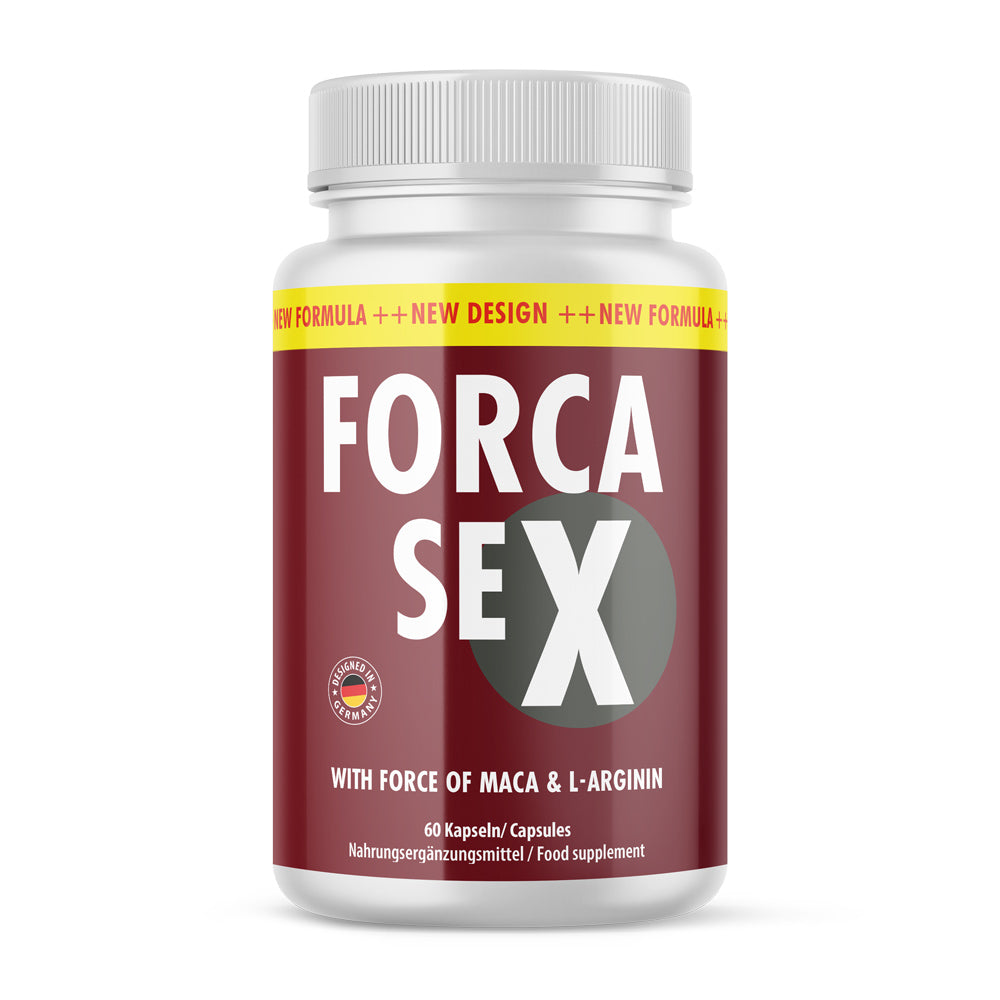 Rote Kunststoffdose mit Aufschrift FORCA SEX mit 60 Kapseln und Schrift Maca und L-Arginin