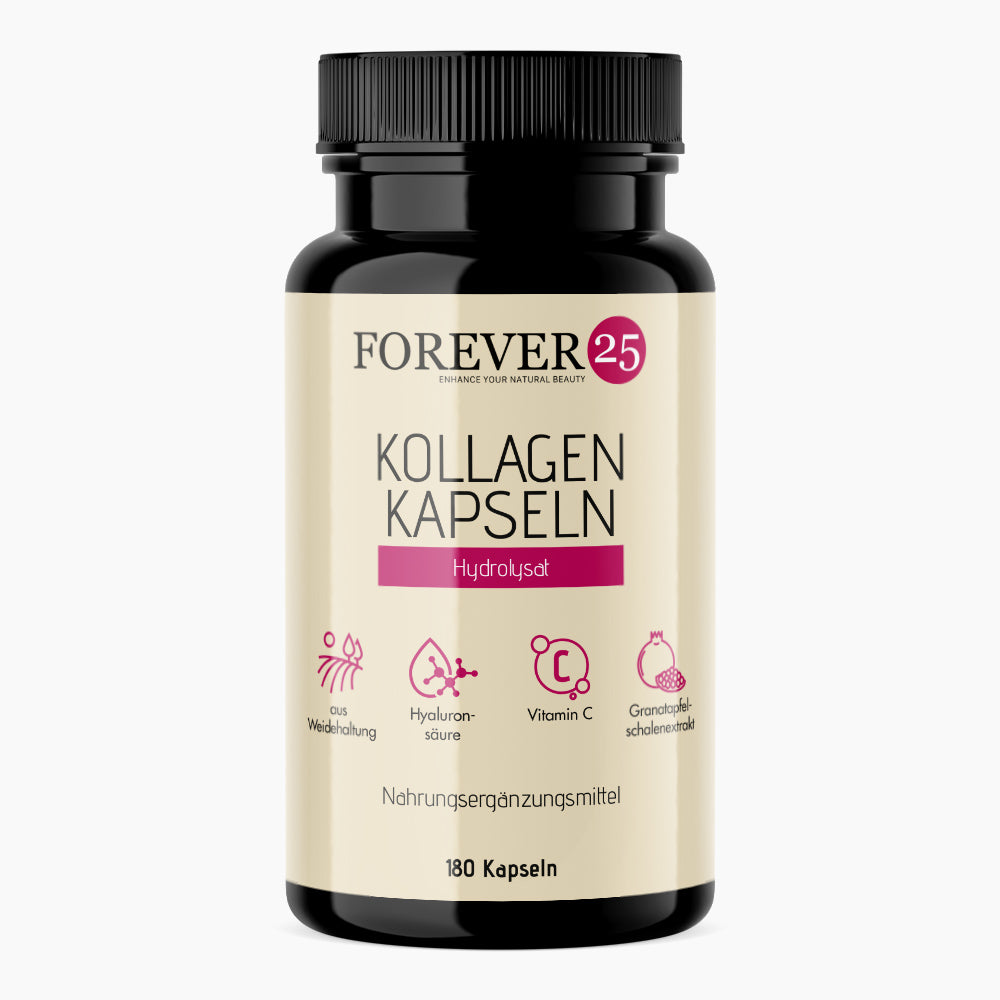Schwarze Kunststoffdose mit Schrift KOLLAGEN KAPSELN Hydrolysat mit 180 Kapseln und Hyaluronsäure