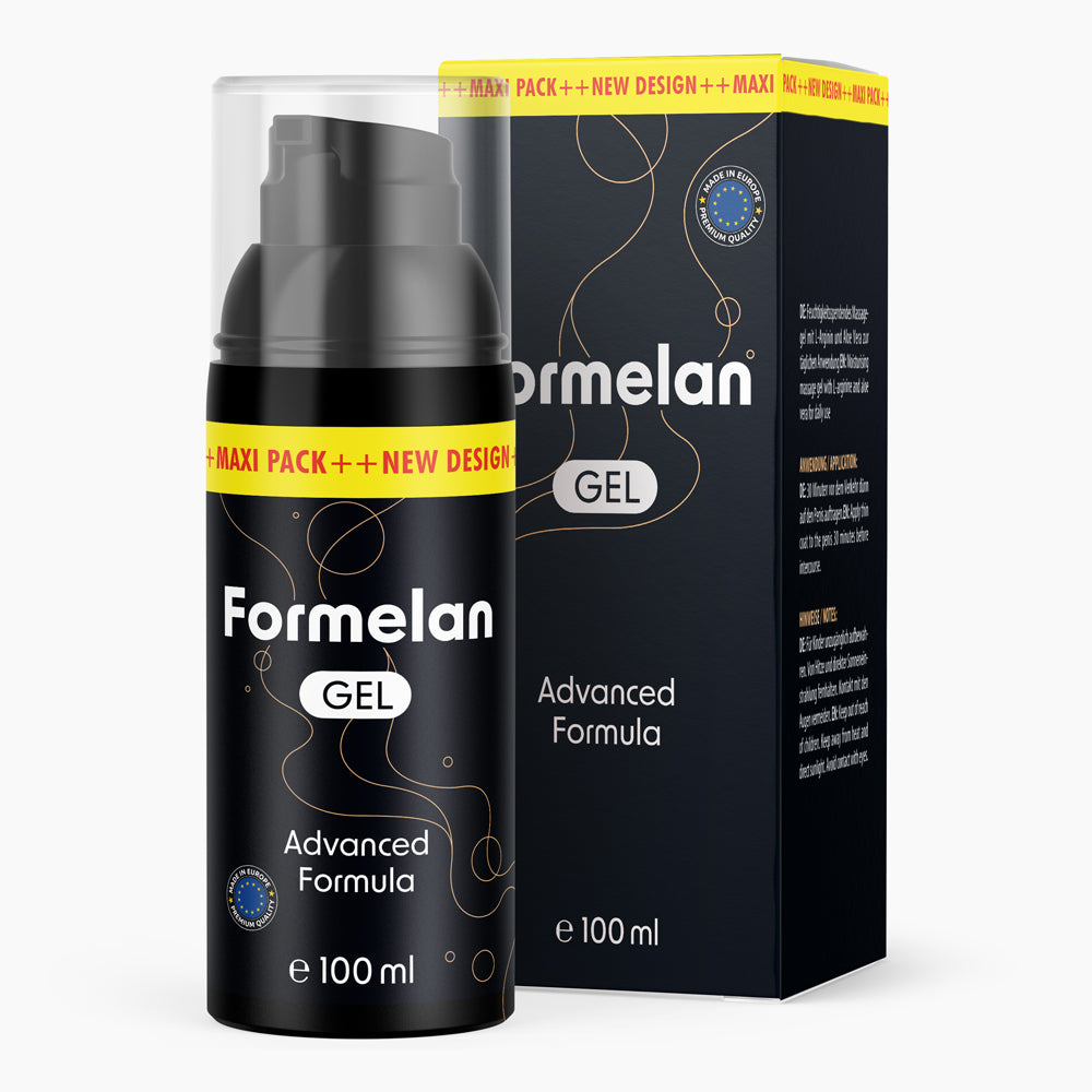 Schwarze Flasche mit Pumpspender und Schrift Formelan Gel Advanced Formula 100 ml vor Faltschachtel