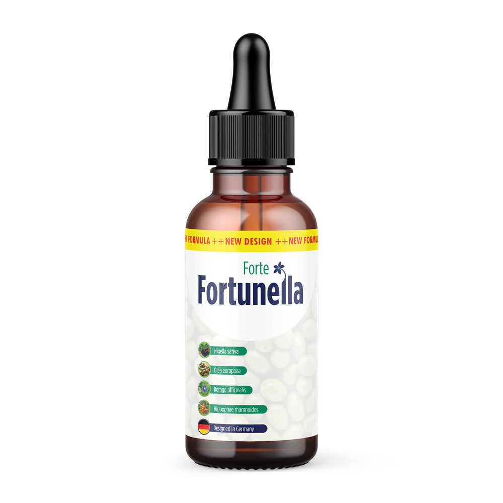 Flasche mit Pipette und Aufdruck Forte Fortunella mit weißen Kugeln abgebildet auf dem Etikett