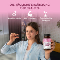 Thumbnail for Frau mit Kapsel in der Hand und Dose Frauen Quelle vor rosa Textfeld