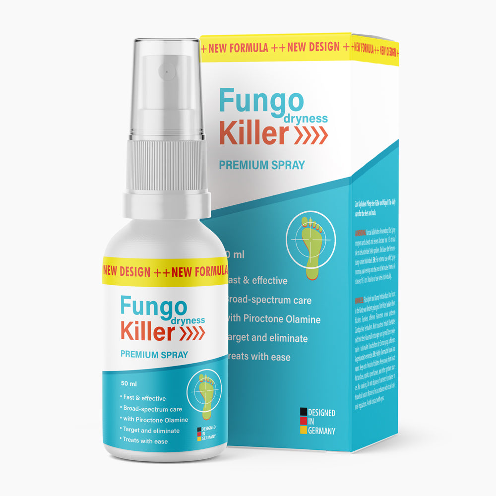 Flasche mit Aufdruck Fungo Killer Premium Spray 50 ml und Fußsymbol vor passender blauer Faltschachtel