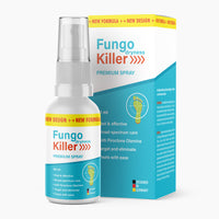 Thumbnail for Flasche mit Aufdruck Fungo Killer Premium Spray 50 ml und Fußsymbol vor passender blauer Faltschachtel