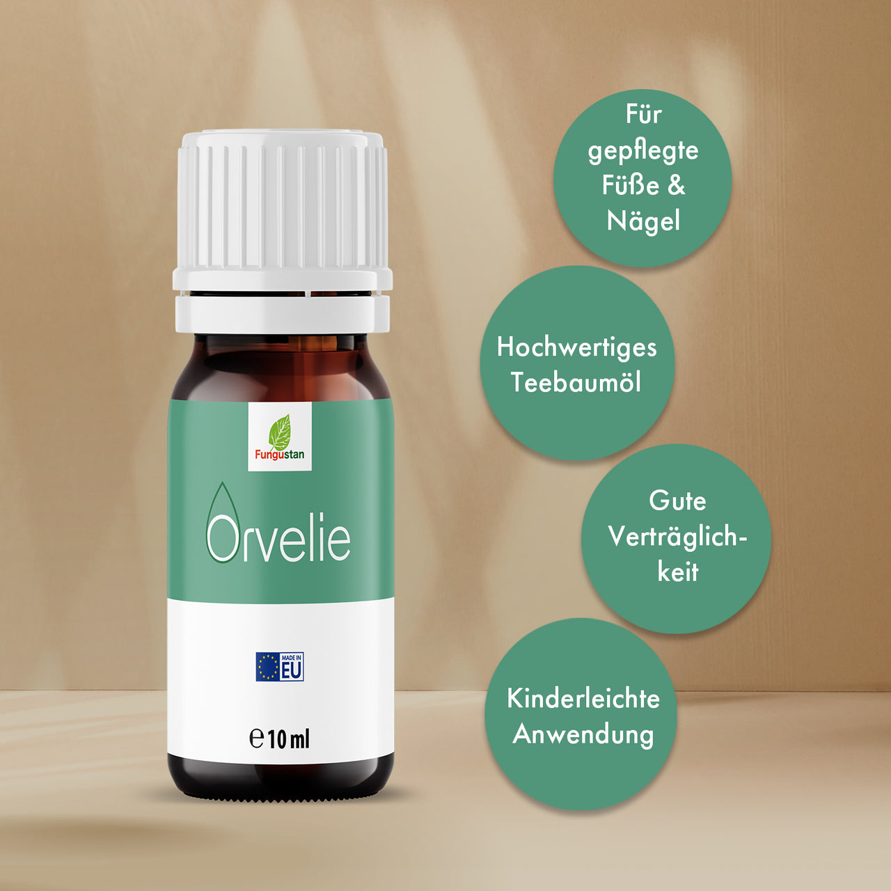 Braune Orvelie Flasche mit grünem Etikett, 10 ml und grünen Textkreisen