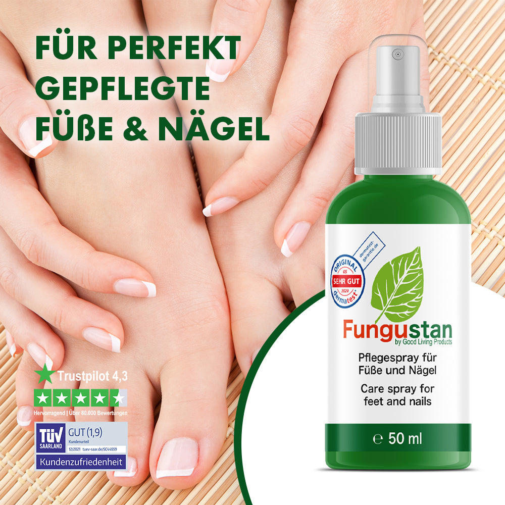 Fungustan Pflegespray vor gepflegten Füßen und Nägeln mit Qualitätssiegeln und Bewertungen