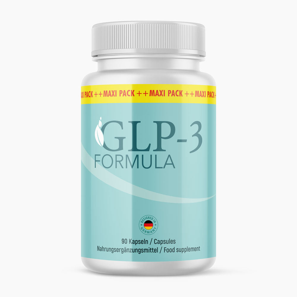 Weiße Dose GLP-3 Formula mit türkisfarbenem Etikett, gelbem Maxi-Pack-Streifen und 90 Kapseln
